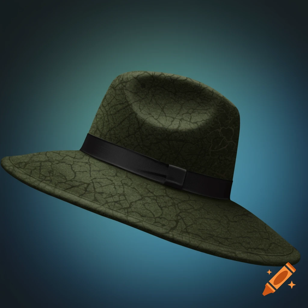 A green textured fedora hat with a black band, set against a dark blue gradient background.