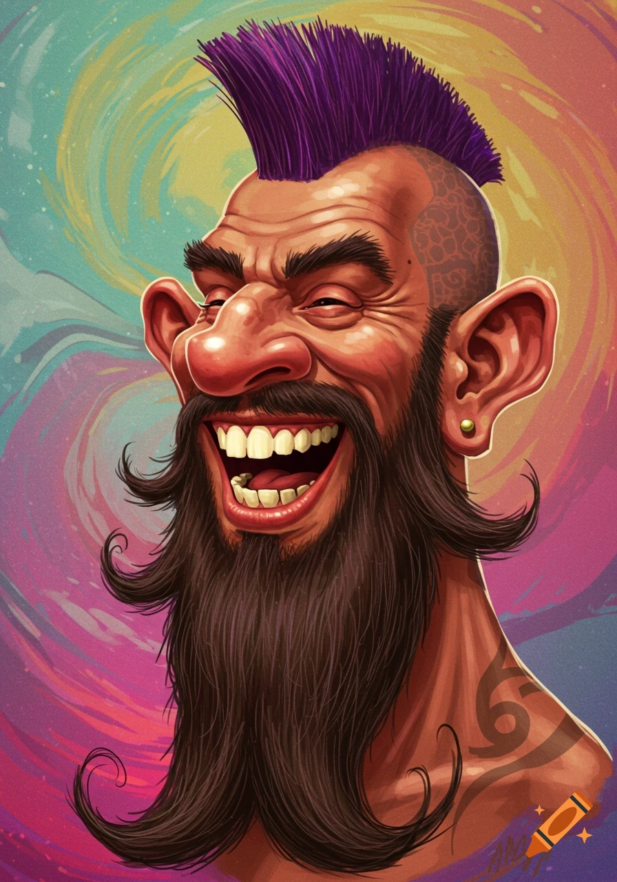 A vibrant, cartoonish caricature of a man with a purple mohawk, large nose, big ears, and a long dark beard, laughing broadly against a swirling colorful background.