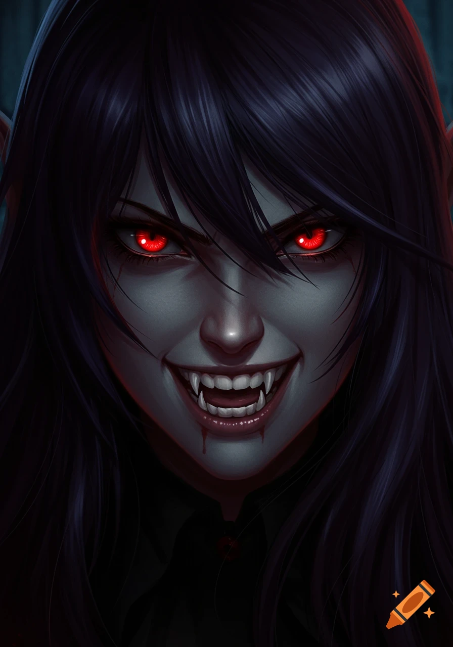 Close-up of a female vampire with glowing red eyes, black hair, and sharp fangs dripping blood, smiling menacingly.