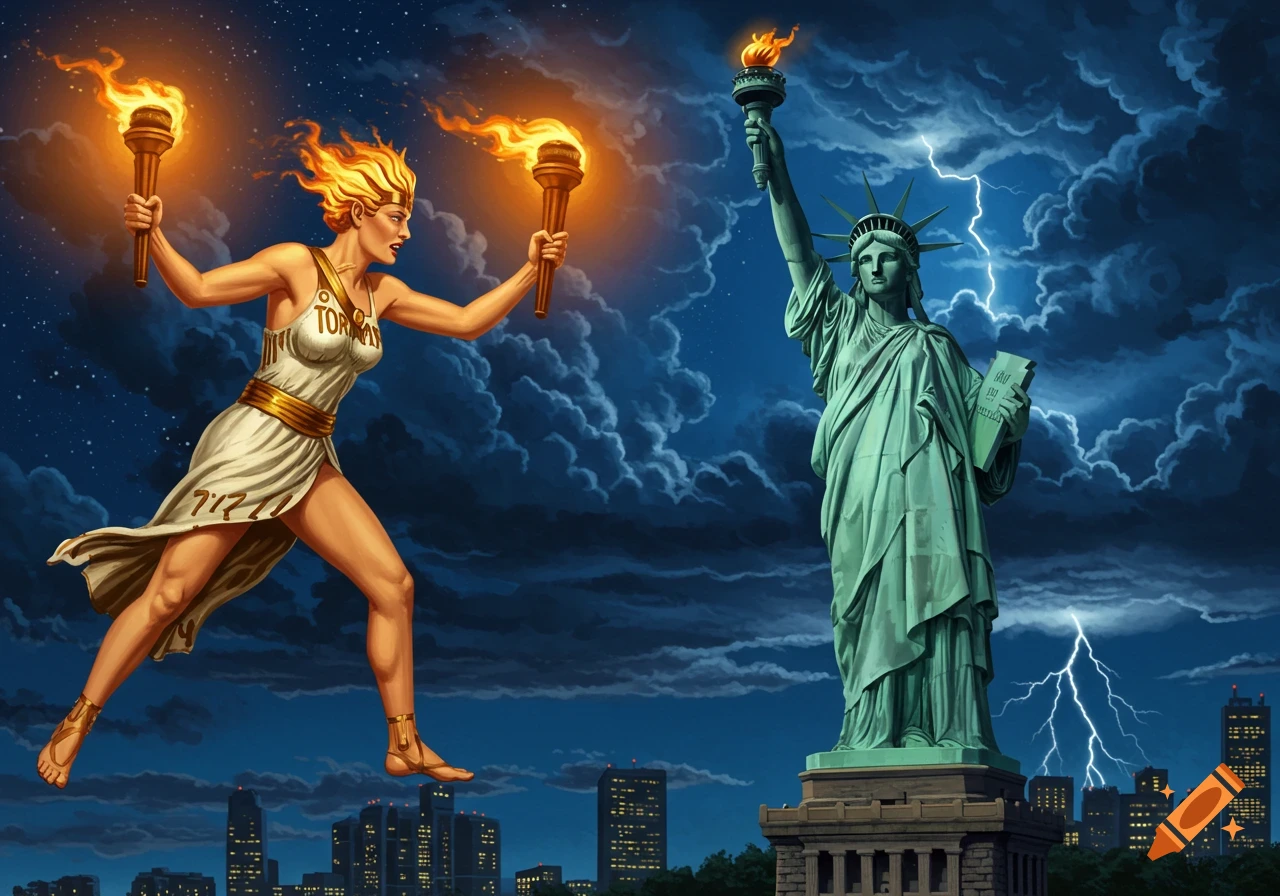 An artistic depiction of the Columbia Torch Lady holding two flaming torches, facing off against the Statue of Liberty, holding her torch aloft. Lightning strikes in the stormy night sky above a city skyline.