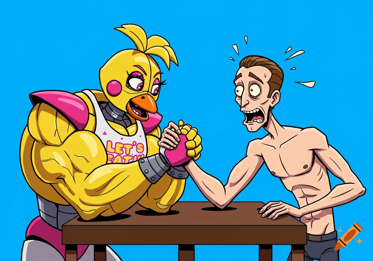A muscular Funtime Chica arm-wrestles a wimpy, sweaty man on a brown table with a blue background. Chica wears a white tank top that says "LET'S EAT!!!".