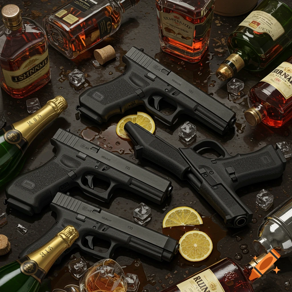 A close-up, top-down view of several black semi-automatic pistols, various bottles of whiskey and champagne, lemon slices, and ice cubes scattered on a dark, wet surface.