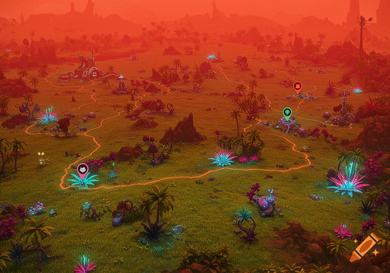 A vibrant isometric game map of an alien tropical planet with glowing plants, red sky, and scattered structures connected by paths.