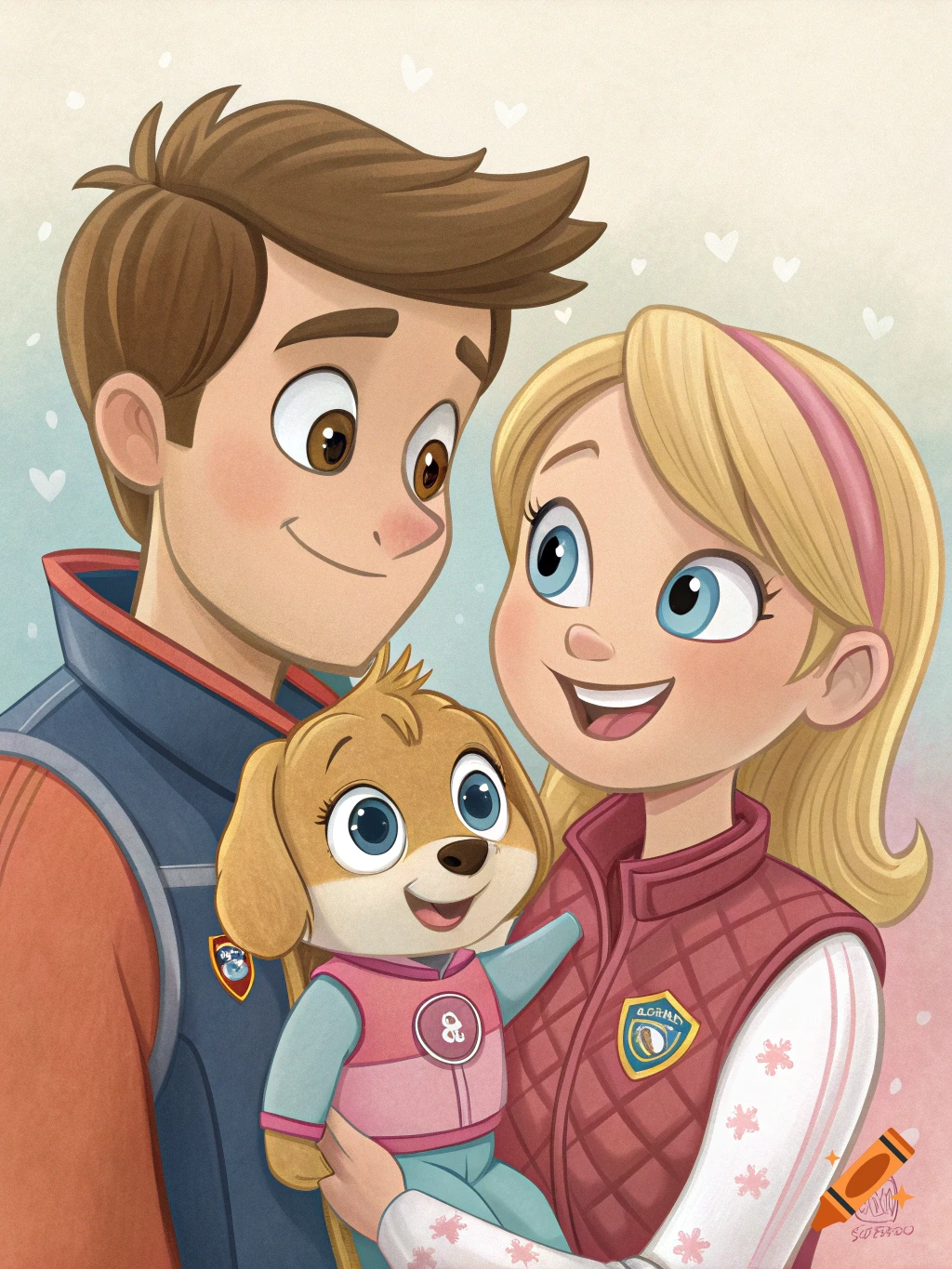 A man and a woman in cartoon style smile while holding a small, brown puppy dressed in a pink and blue outfit.