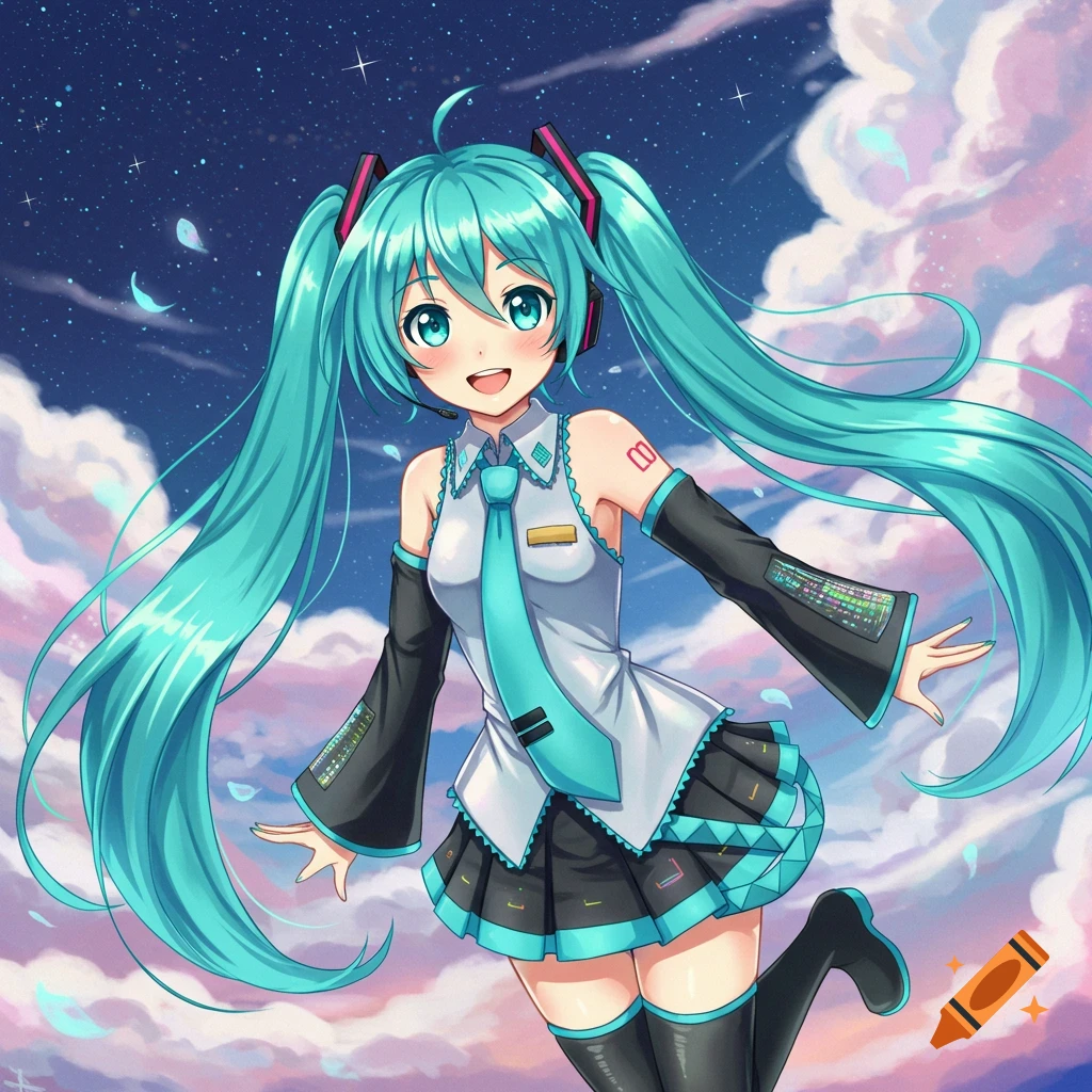 Hatsune Miku, an anime girl with long turquoise pigtails, smiles brightly against a starry sky with pink and blue clouds.
