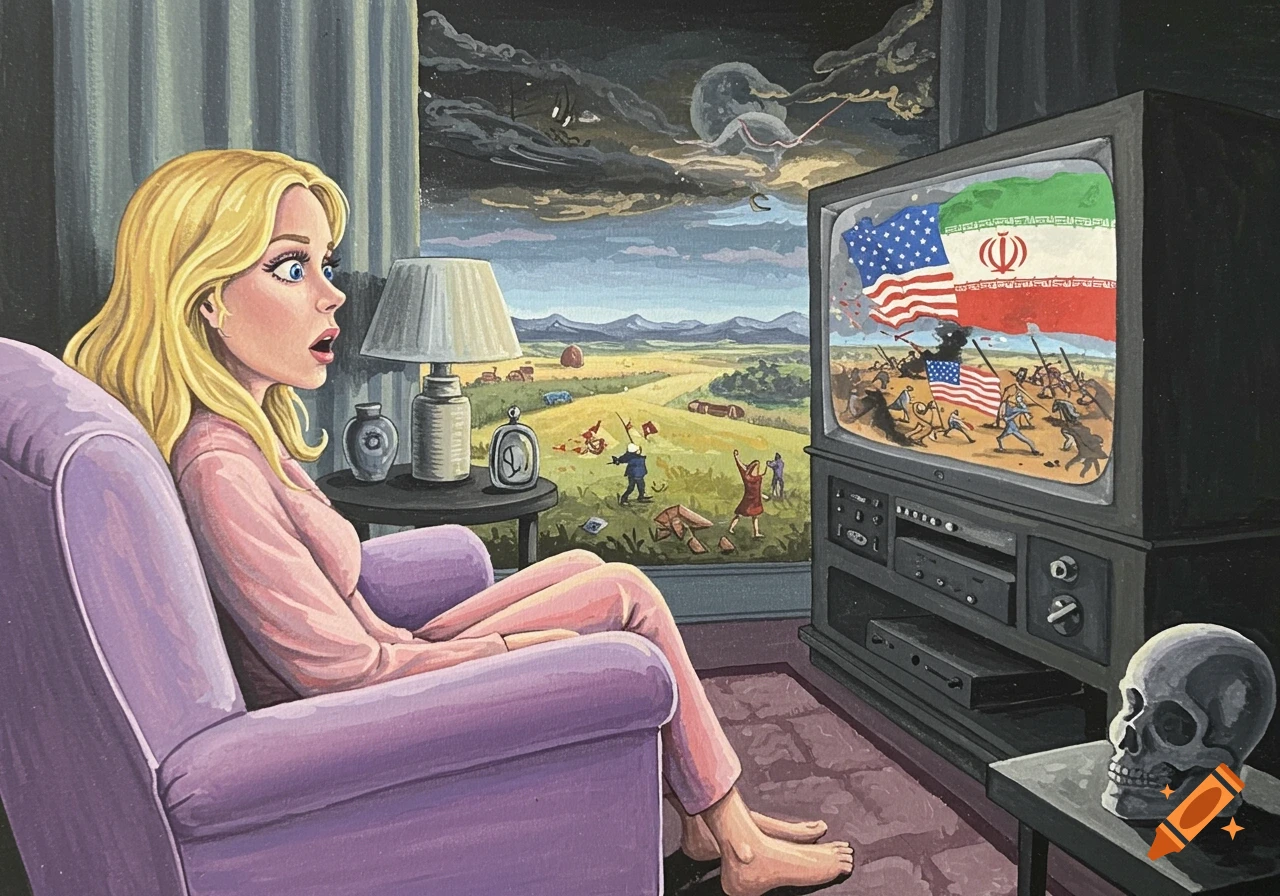 Gouache painting of a blonde woman in an armchair watching a TV showing US and Iranian flags over a battle, with a skull nearby and a stormy landscape outside.