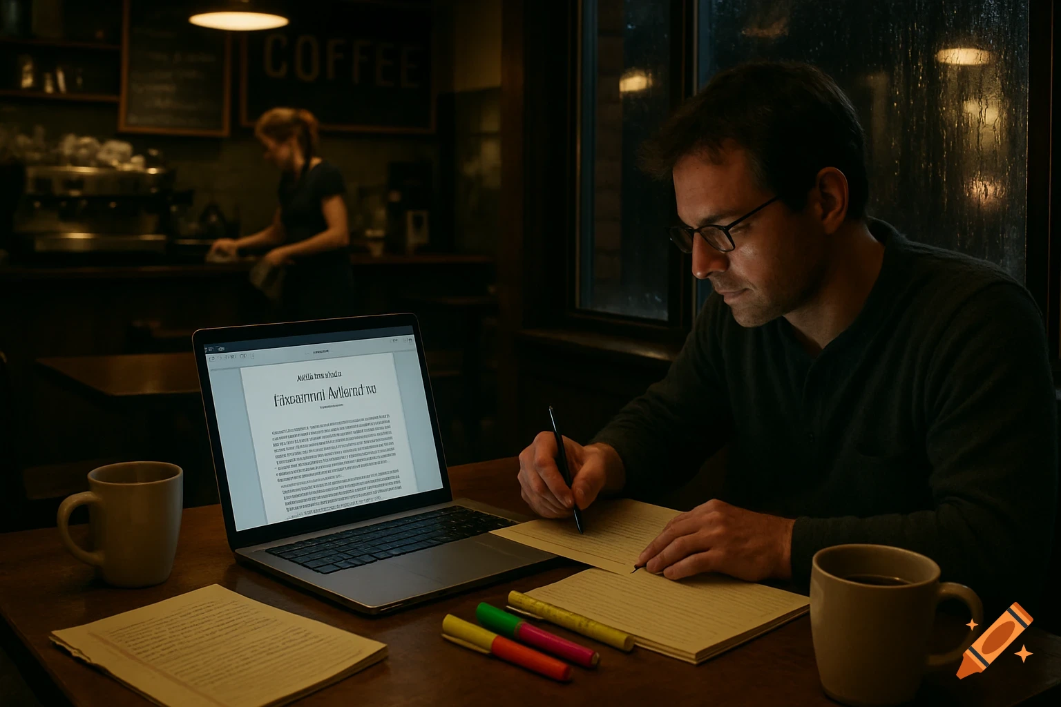 Man in glasses writes on a pad at a dimly lit coffee shop table, laptop with garbled text open, rain streaks down window.