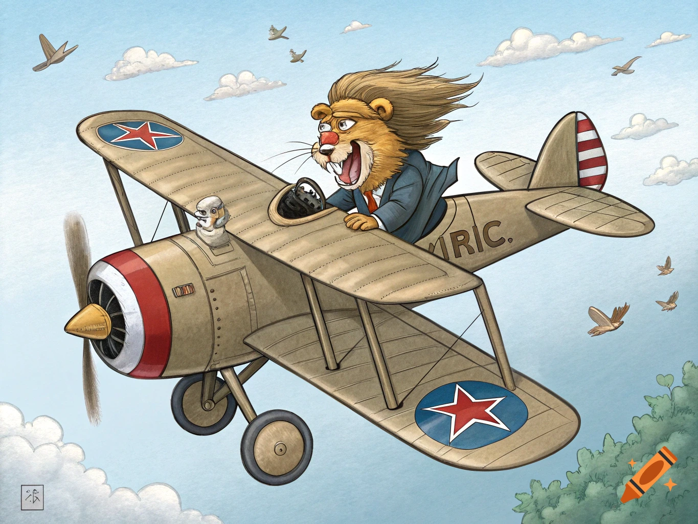 Cartoon lion with Donald Trump's face pilots a vintage biplane in the sky with birds.