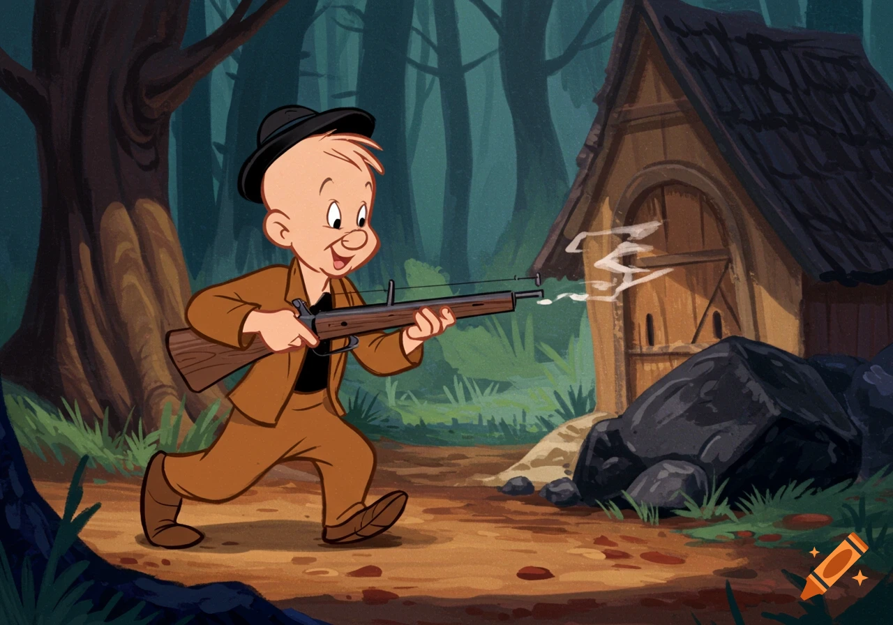 Elmer Fudd, a bald cartoon man in a hat and brown suit, aims a rifle in a forest, smoke emerging from a nearby wooden shack.