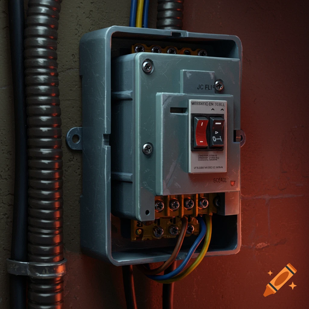 A close-up, photorealistic view of an open electrical panel with red and black switches, wires, and conduits on a concrete wall.
