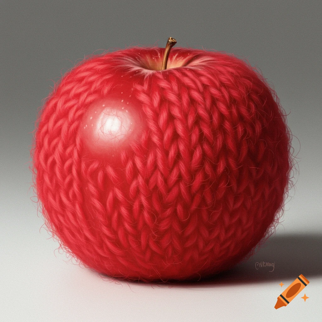 A red apple covered in a knitted red wool texture, depicted in a photorealistic still life.