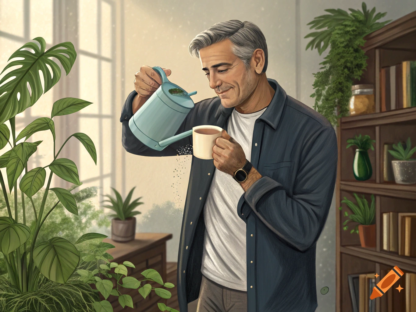 A smiling George Clooney waters an indoor plant with a light blue watering can while holding a coffee mug.