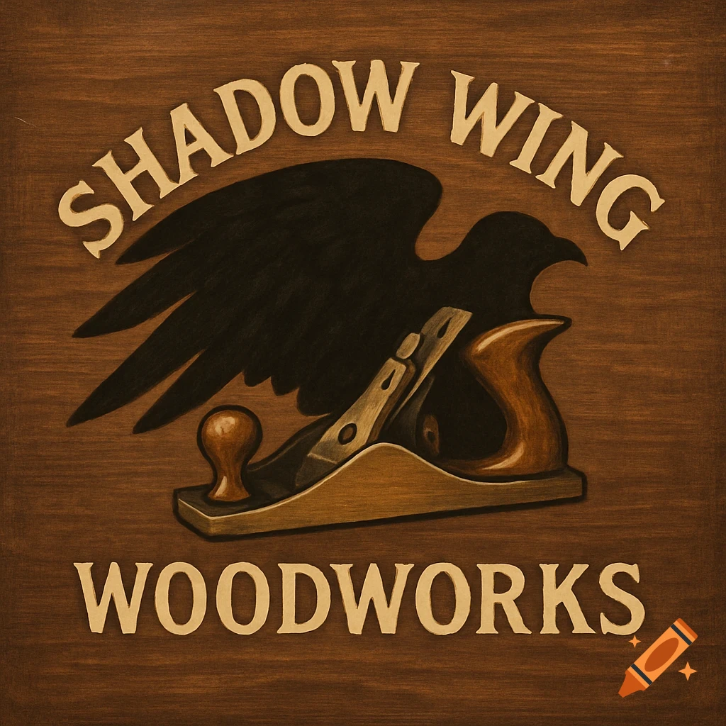 A rustic wooden logo for 'Shadow Wing Woodworks' featuring a black raven and a woodworking hand plane.