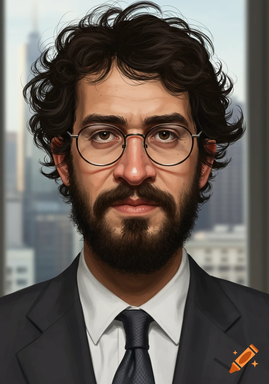 Stylized portrait of a man with dark curly hair, glasses, and a beard in a business suit, with a blurry city background.