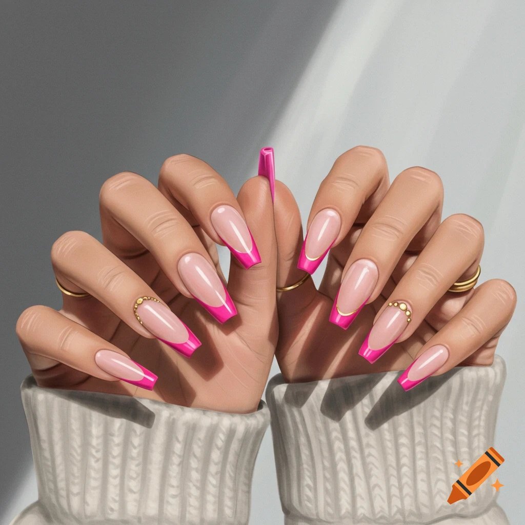 Close-up of hands with long pink french tip almond nails featuring gold outlines and small gems, wearing a white sweater.