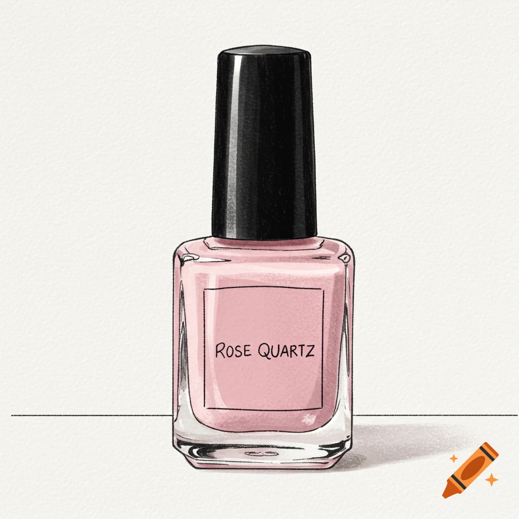 A square drawing of a pink nail polish bottle with a black cap, labeled 'Rose Quartz'.