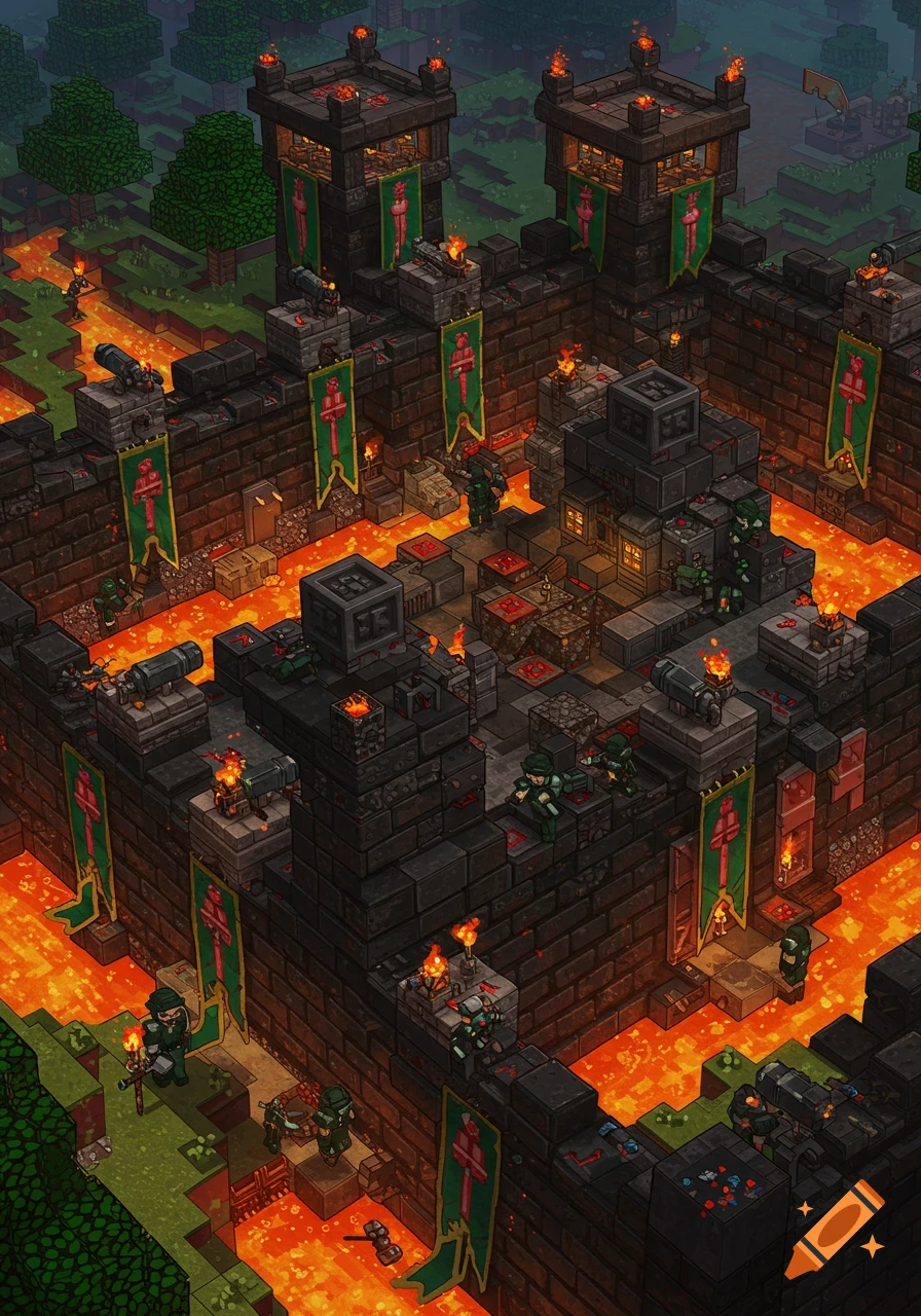A detailed isometric voxel art military base surrounded by lava, featuring dark stone walls, turrets, and blocky soldiers.