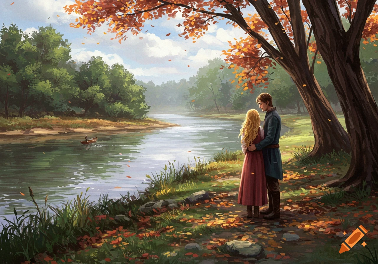 Digital painting of a couple embracing by a river in an autumn landscape with colorful trees and a small boat.