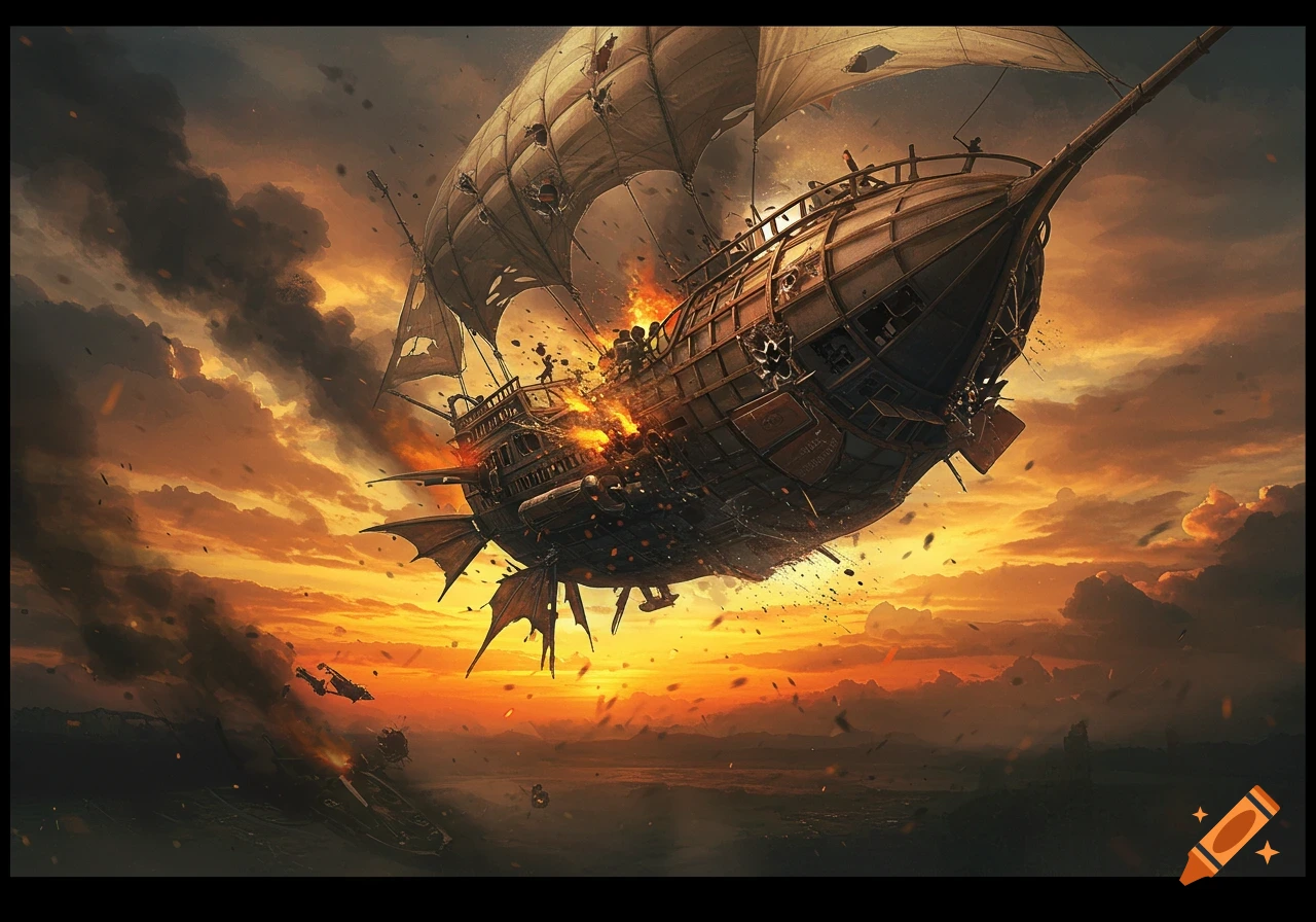 A steampunk airship crashes at sunset, flames and smoke billowing from its damaged hull, debris falling towards the ground.
