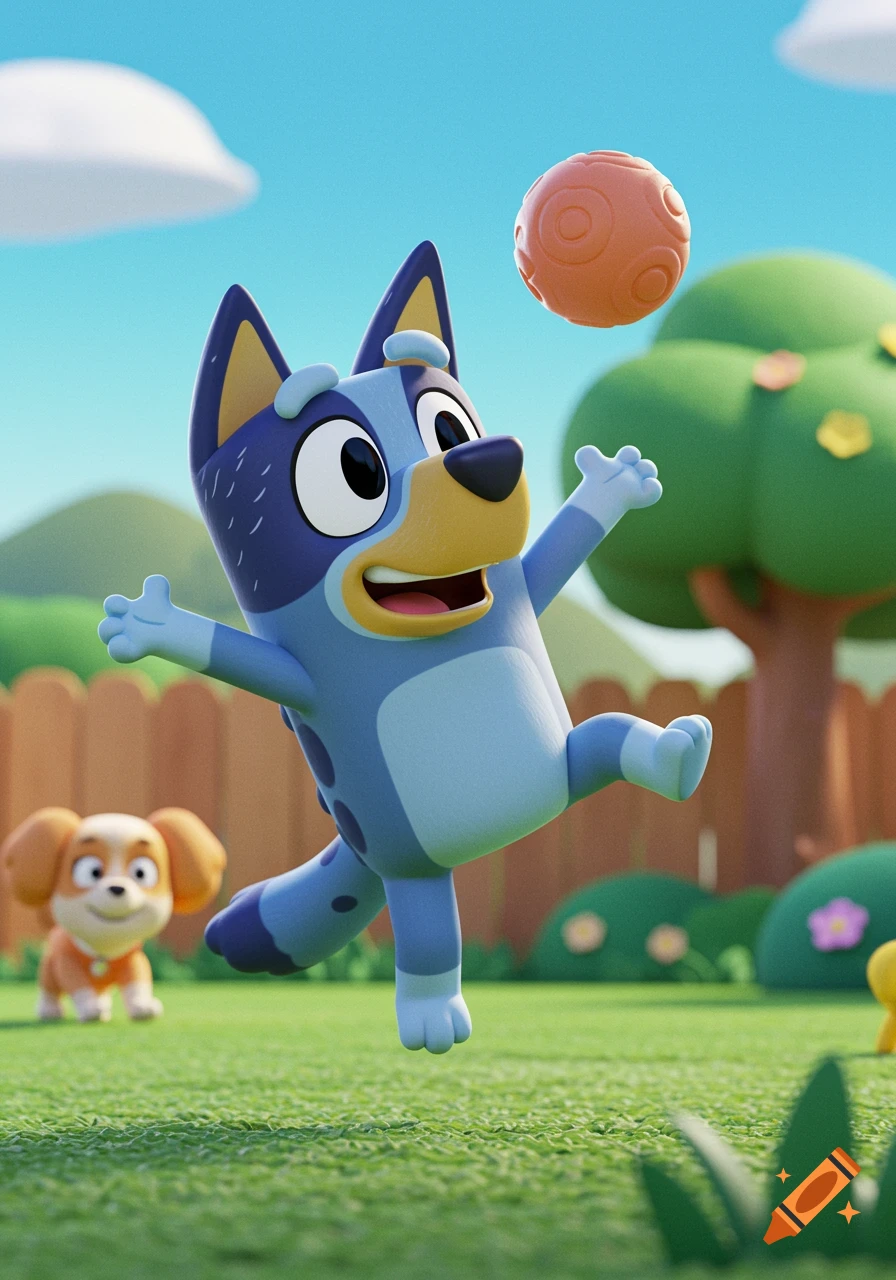 Bluey, a blue cartoon dog, jumps to catch an orange ball in a sunny backyard with another dog in the background.