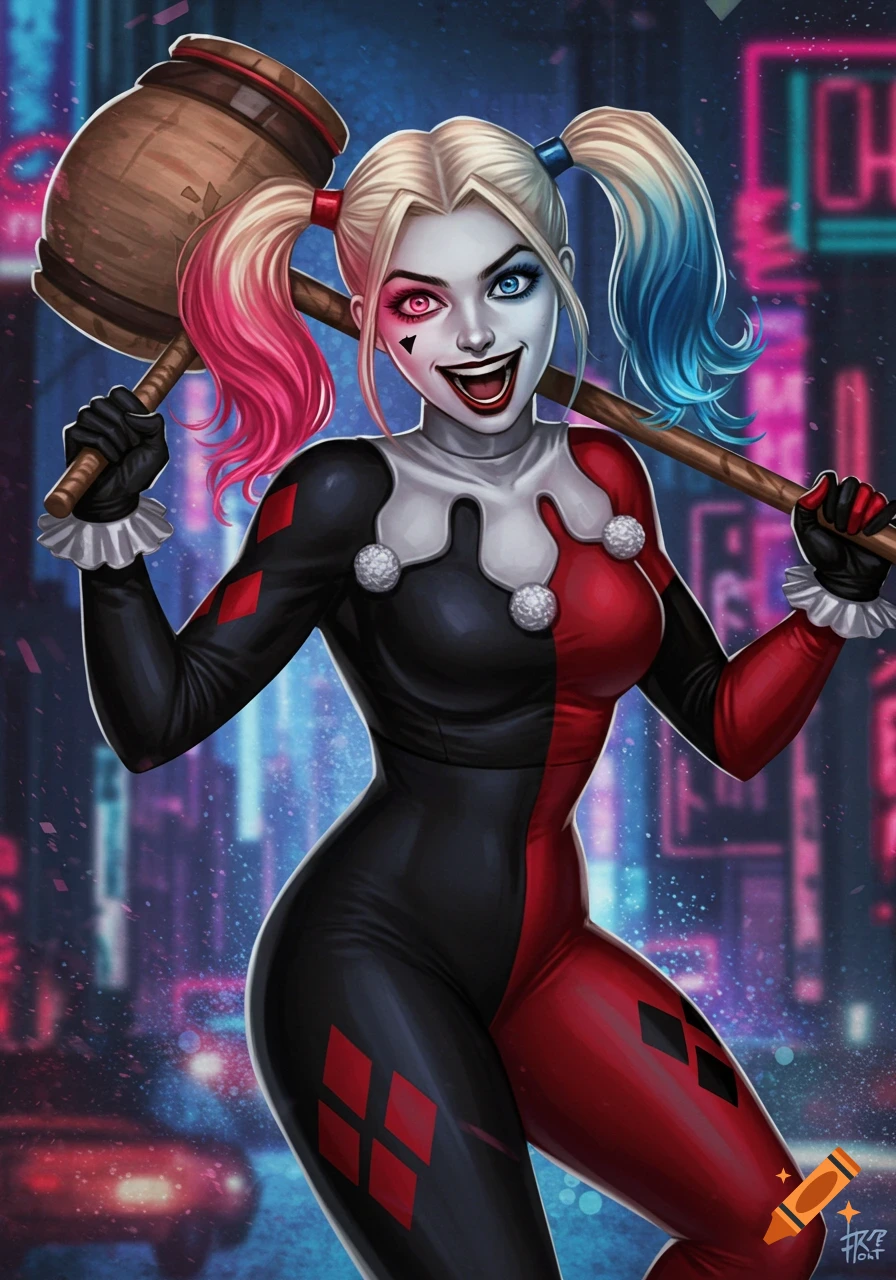 Harley Quinn in a black and red jester suit, smiling with a large mallet on her shoulder against a neon city night background, comic art style.