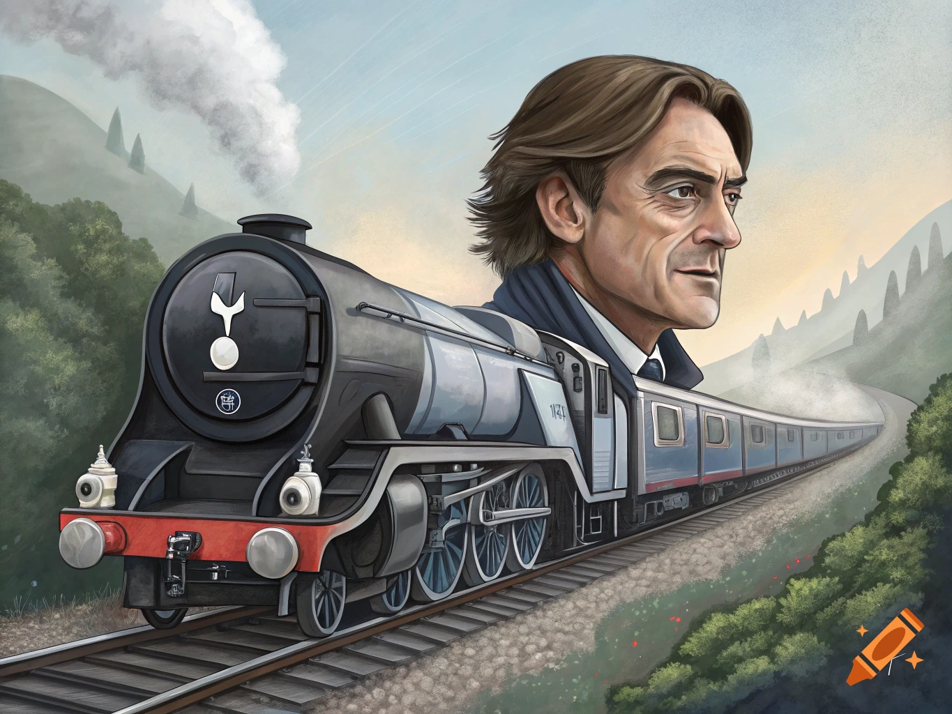 A caricature of a man's head attached to the body of a black and gray steam train with a Tottenham logo, on tracks in a hilly landscape.