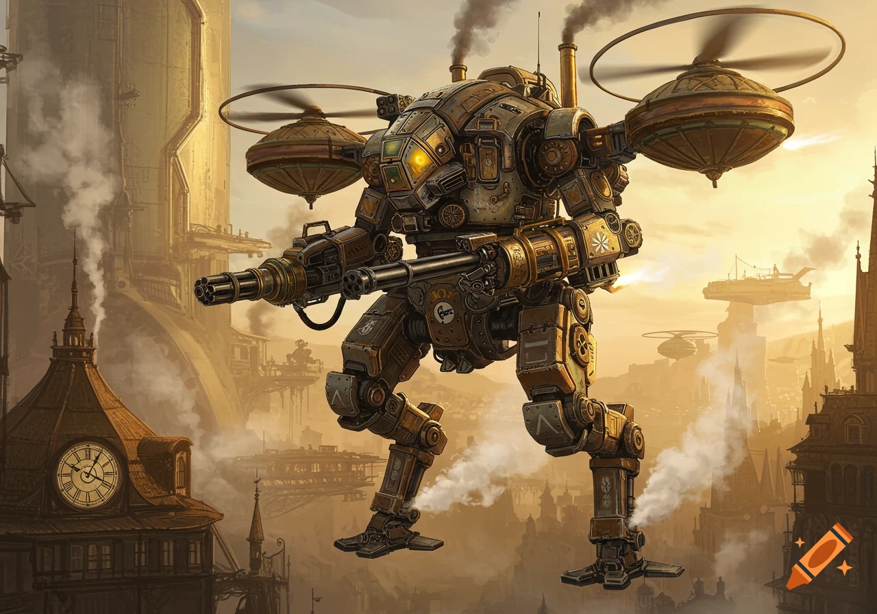 A large, detailed steampunk mech with Gatling guns and helicopter rotors flies over a sprawling, golden-hued city with tall, industrial buildings, emitting smoke.