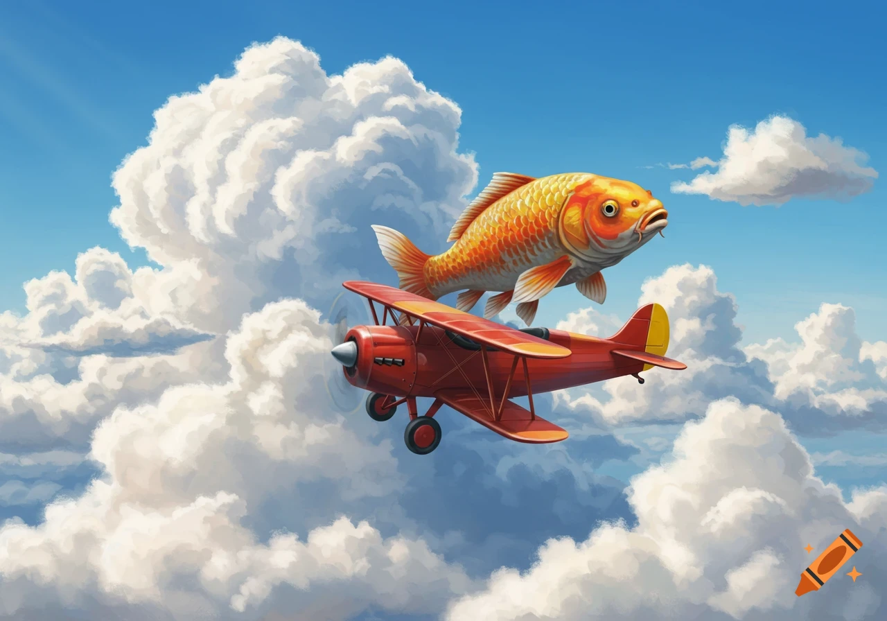 A large golden fish flies over a red biplane in a cloudy blue sky, illustrated in a whimsical style.
