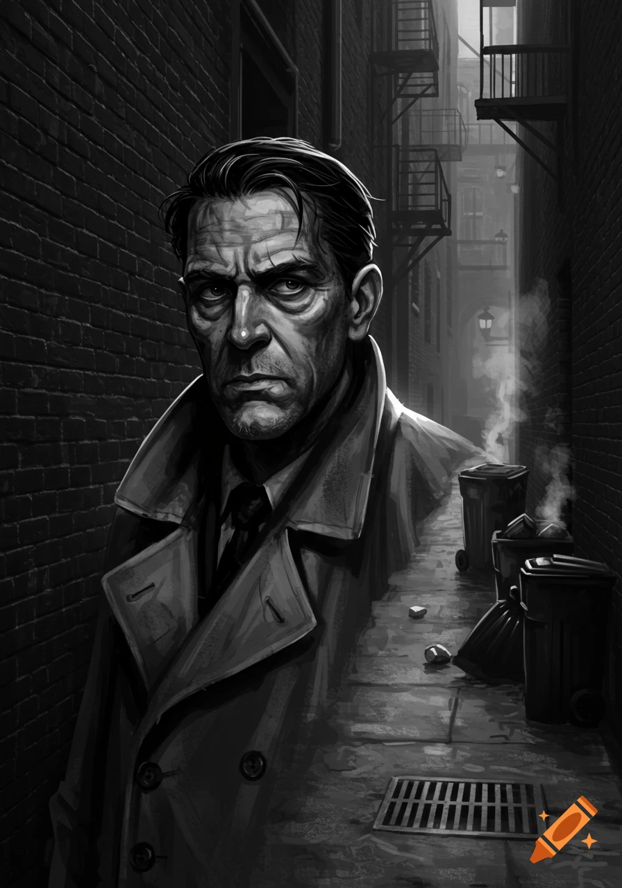 Black and white illustration of a grizzled detective in a dark, grimy alleyway.