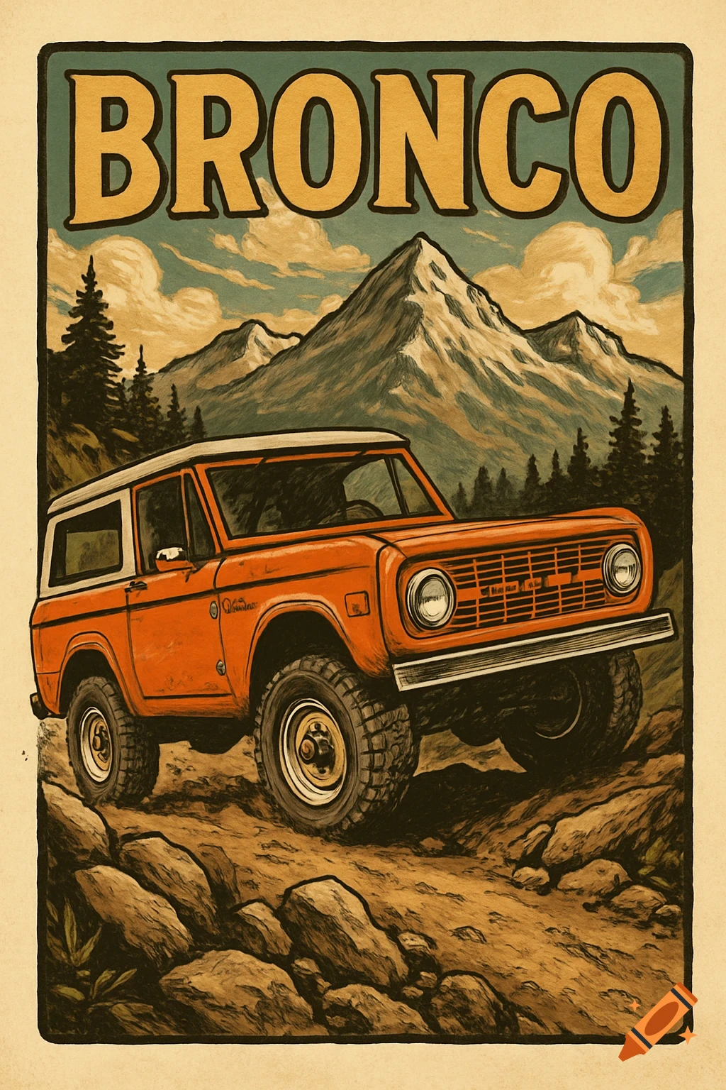 A retro illustration of an orange vintage Ford Bronco on a rocky mountain path, with snow-capped mountains and pine trees in the background, and 'BRONCO' text.