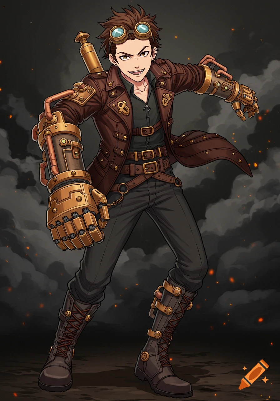 A brown-haired male anime character in steampunk attire, wearing a brown jacket, goggles, and large gauntlets, smirks against a smoky background.