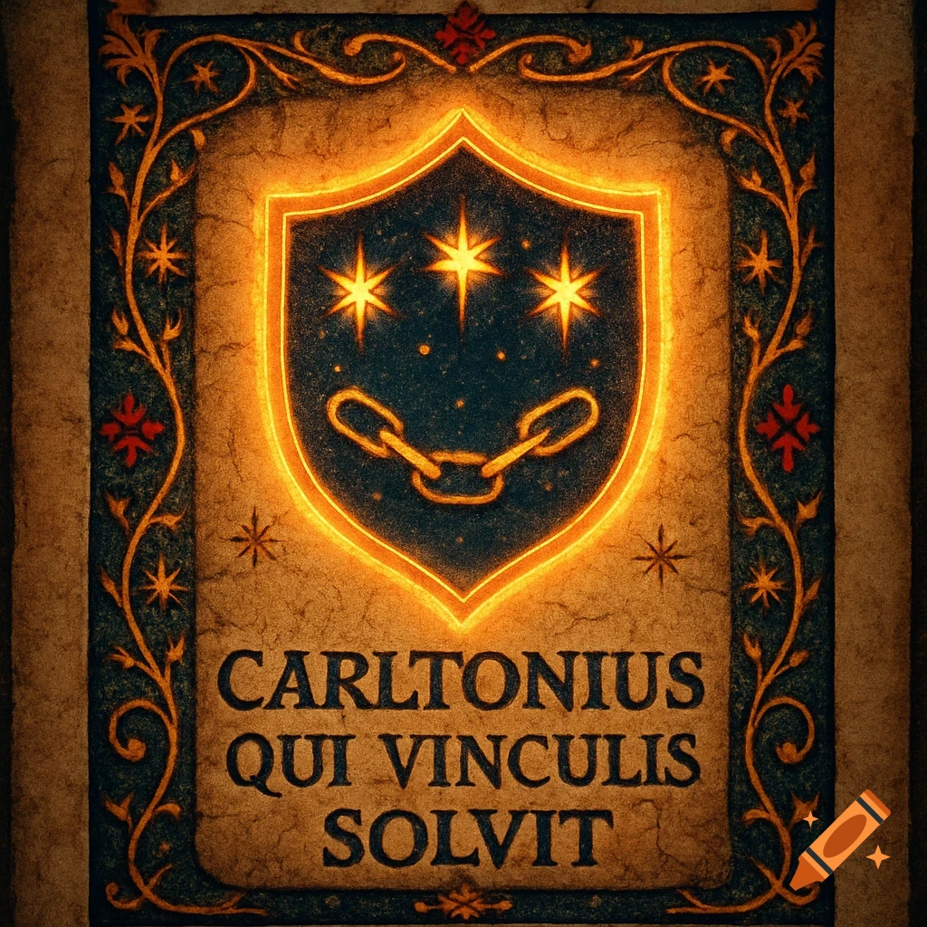 A glowing medieval illuminated manuscript page features a dark blue shield crest with three stars and two chains. Below, Latin text reads 'Carltonius qui Vinculis Solvit'.
