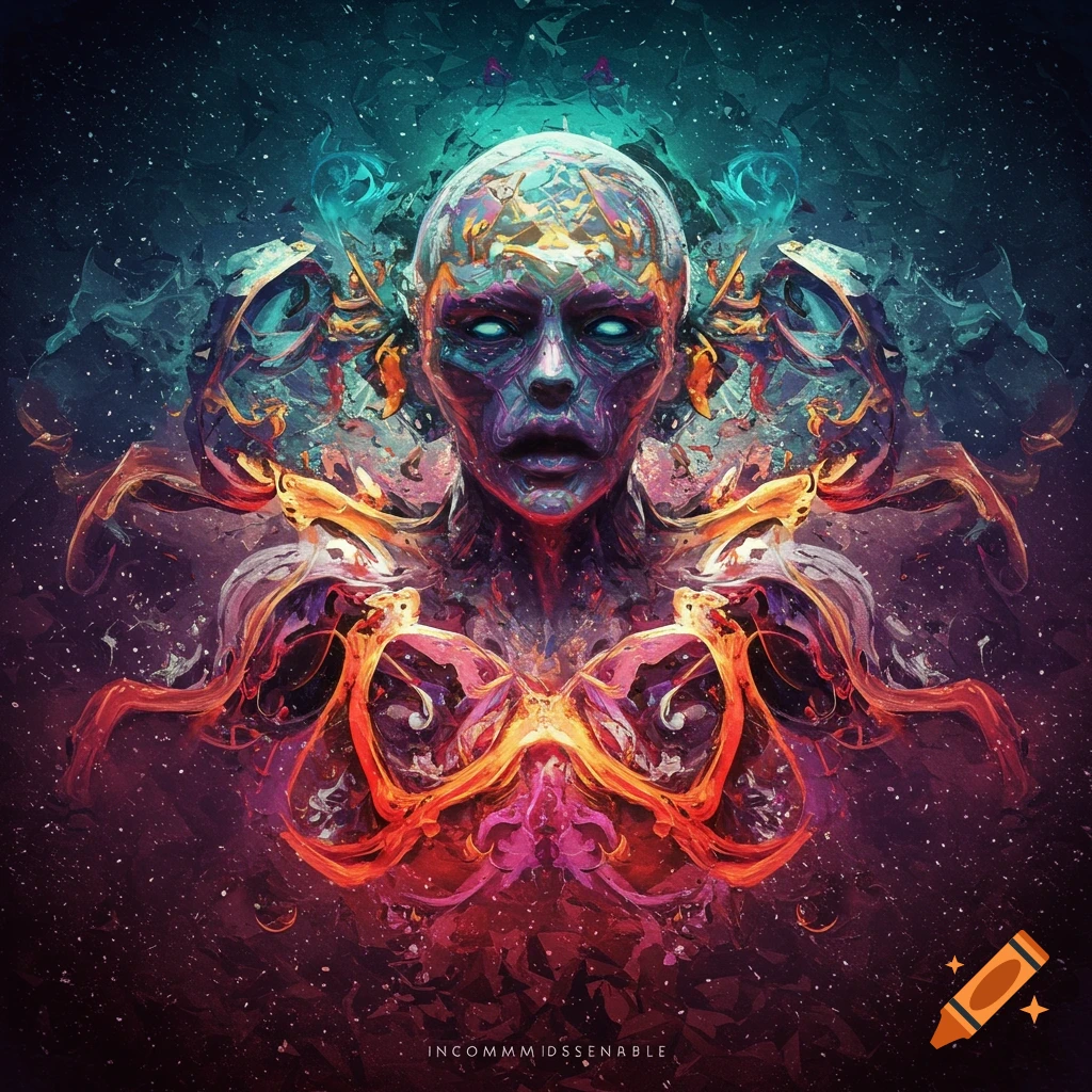 Abstract, colorful cosmic figure with glowing eyes against a starry background.