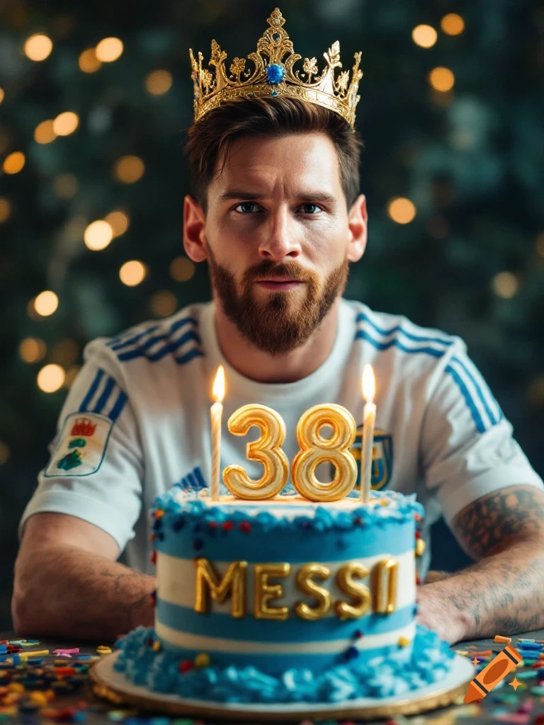 Photorealistic image of Lionel Messi wearing a gold crown, sitting behind a blue and white birthday cake with 'MESSI' and '38' candles.
