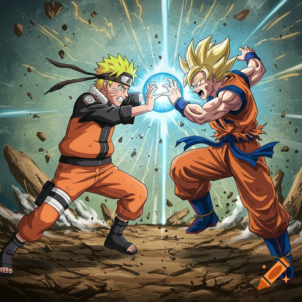 Naruto and Goku clash in an anime-style battle, both characters charging energy spheres amidst exploding debris.