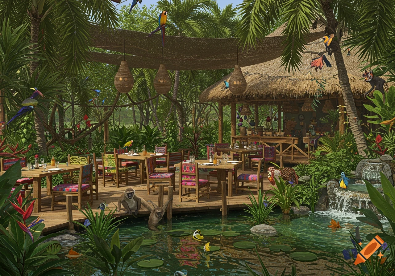 A lush tropical restaurant nestled in a jungle, featuring wooden tables, colorful chairs, a pond with lily pads, and exotic birds and monkeys.
