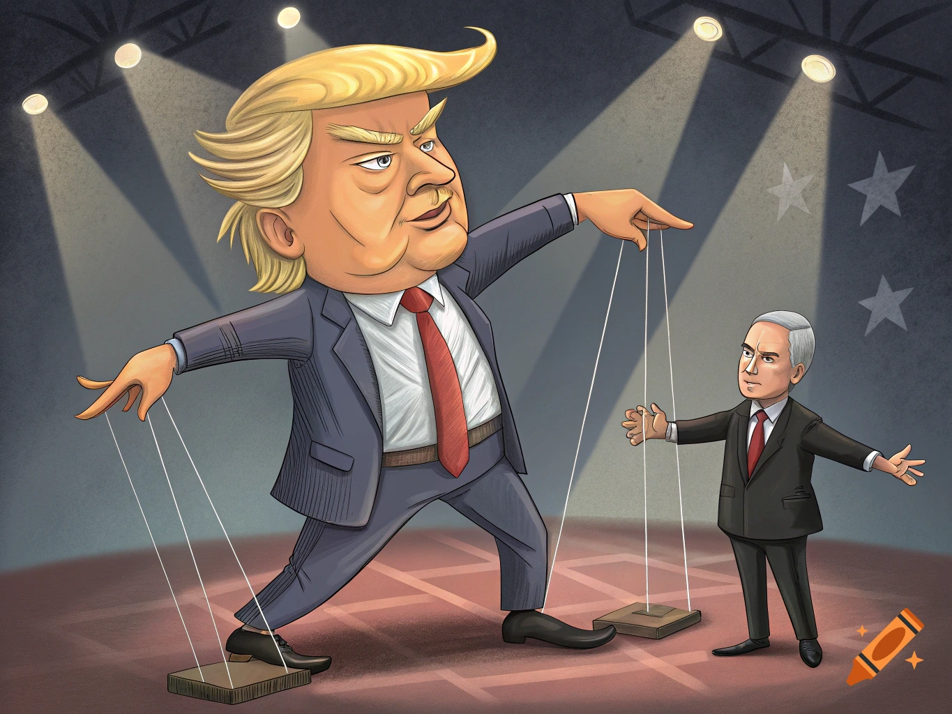 A political cartoon showing Benjamin Netanyahu as a puppet master controlling Donald Trump as a marionette on a spotlighted stage.