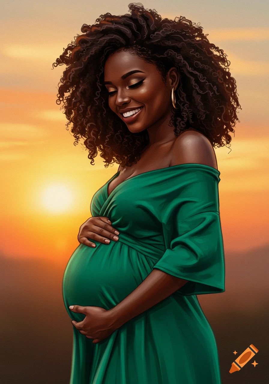 A smiling pregnant Black woman cradles her baby bump against a vibrant sunset, looking down gently.