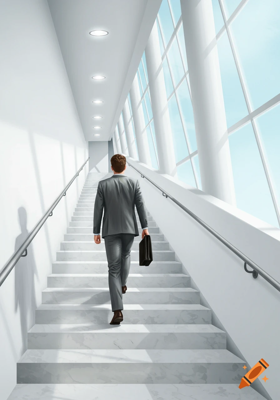Businessman with a briefcase climbing stairs in a bright, modern office building.