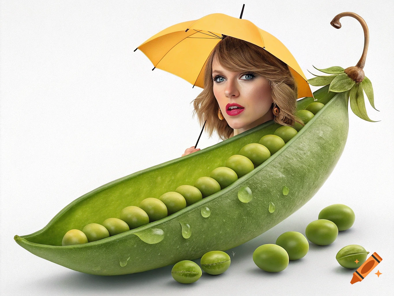 Photorealistic image of Taylor Swift's head emerging from a large open pea pod, holding a small yellow umbrella. Green peas are scattered around.