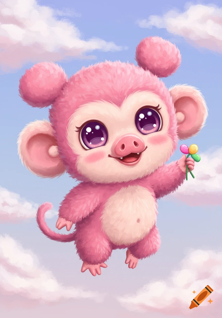 A cute pink fluffy cartoon piggy monkey with big sparkly eyes floats in a blue sky with pink clouds, holding tiny colorful flowers.