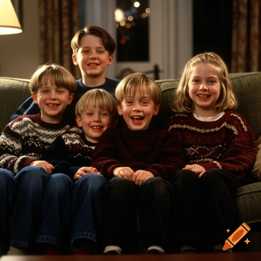 Five smiling children, including Kevin from Home Alone, sit together on a green couch looking at the camera.