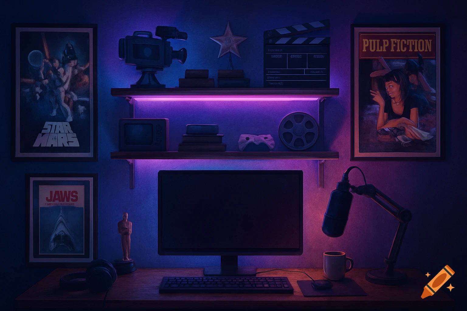 A stylized desk setup with a computer monitor, keyboard, microphone, and headphones. The wall behind has two shelves with movie memorabilia like a camera, clapperboard, film reel, and an Oscar statue. Four framed movie posters for Star Wars, Jaws, and Pulp Fiction are on the wall, all bathed in blue and purple neon lighting.