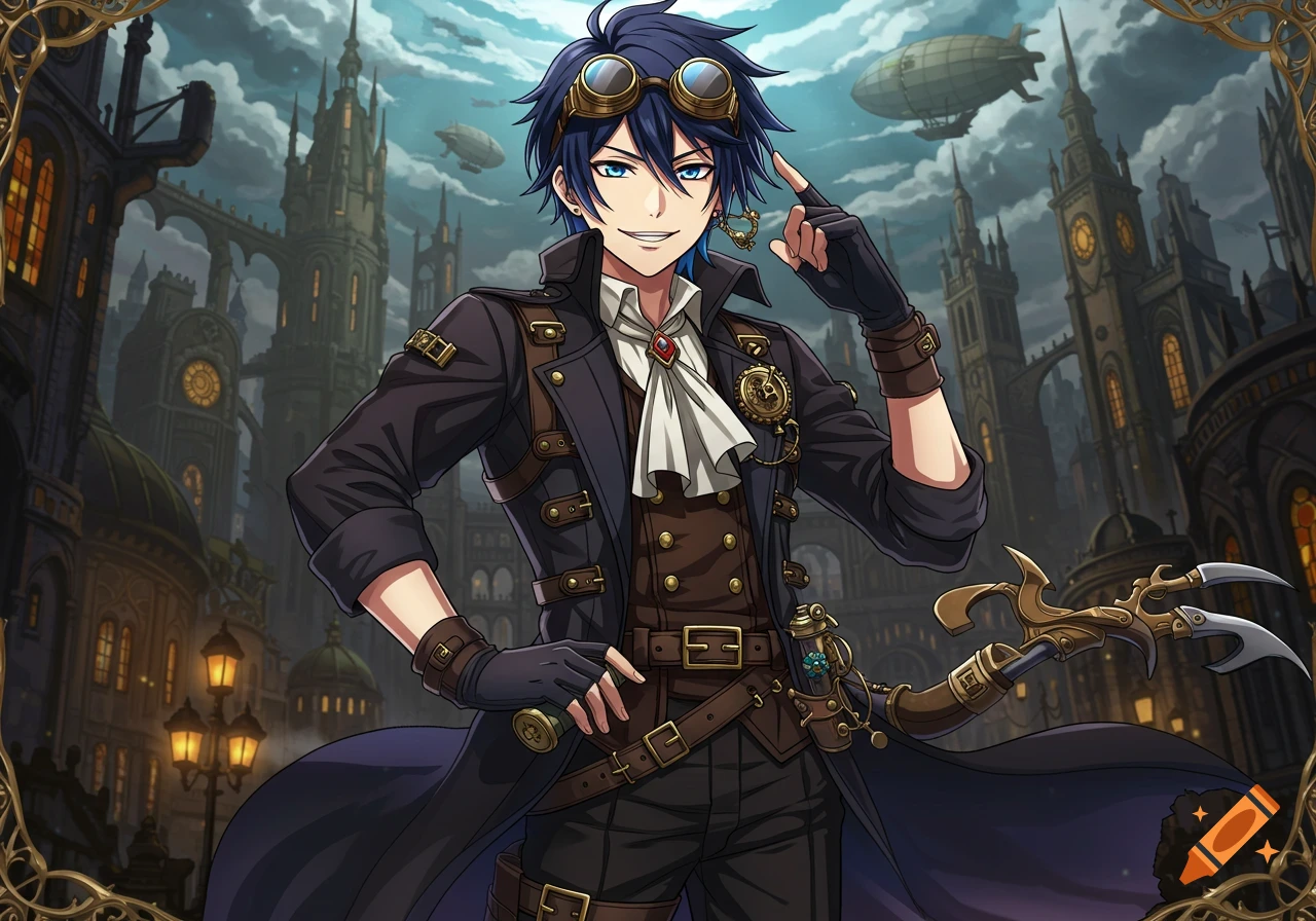 An anime-style steampunk character with blue hair, goggles, and a trench coat smiles in a detailed steampunk city.