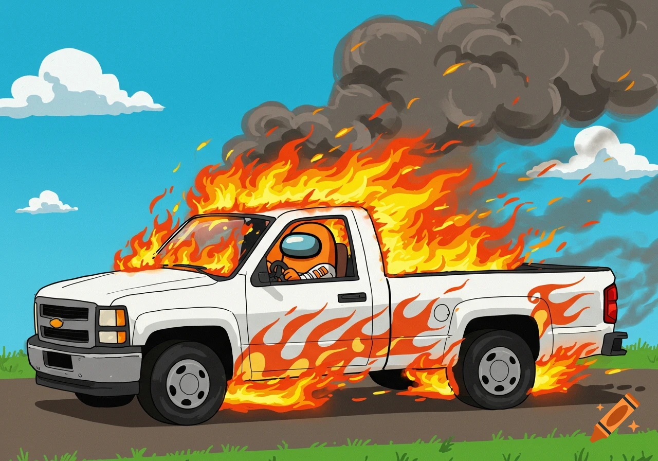 A cartoon orange Among Us character drives a white pickup truck engulfed in flames, with thick smoke rising into a blue sky.