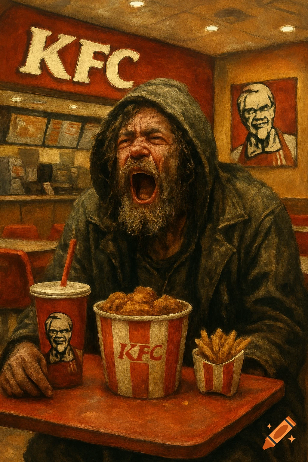 A painting of a distressed, bearded man in a hooded coat screaming inside a KFC, with a bucket of chicken, fries, and a drink on the table.