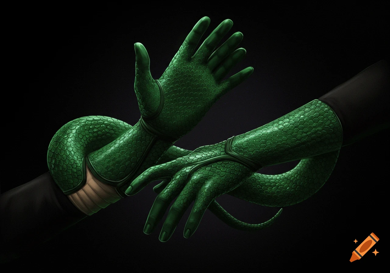 Close-up of hands wearing green, scaly gloves that resemble snake skin, with a coiled snake-like tail wrapped around one arm.