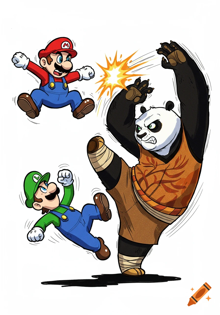 Cartoon illustration of Mario and Luigi fighting Kung Fu Panda on a white background.