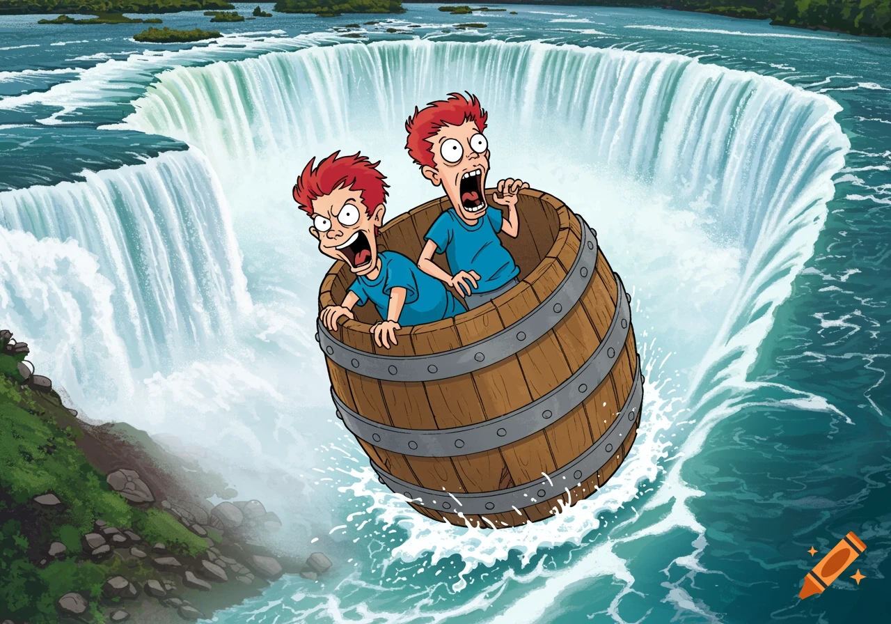 Cartoon illustration of Beavis and Butthead in a barrel plunging down a large waterfall.