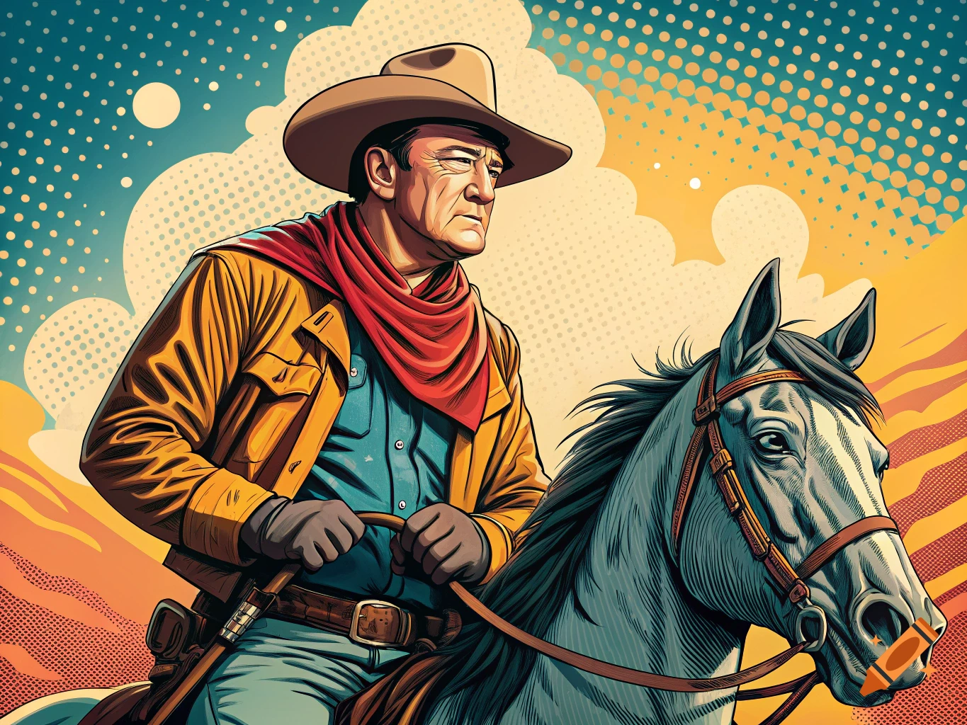 Pop art illustration of John Wayne as a cowboy on a horse.